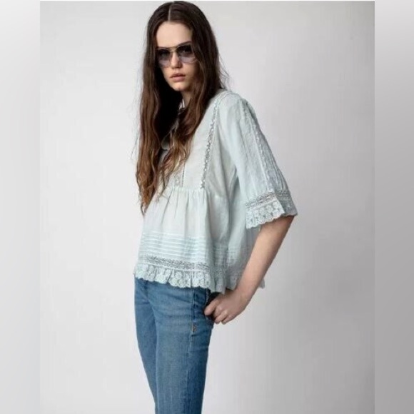 Zadig & Voltaire Tosea Top Short Sleeve Peplum Lace Trim Blue Small - Picture 2 of 8